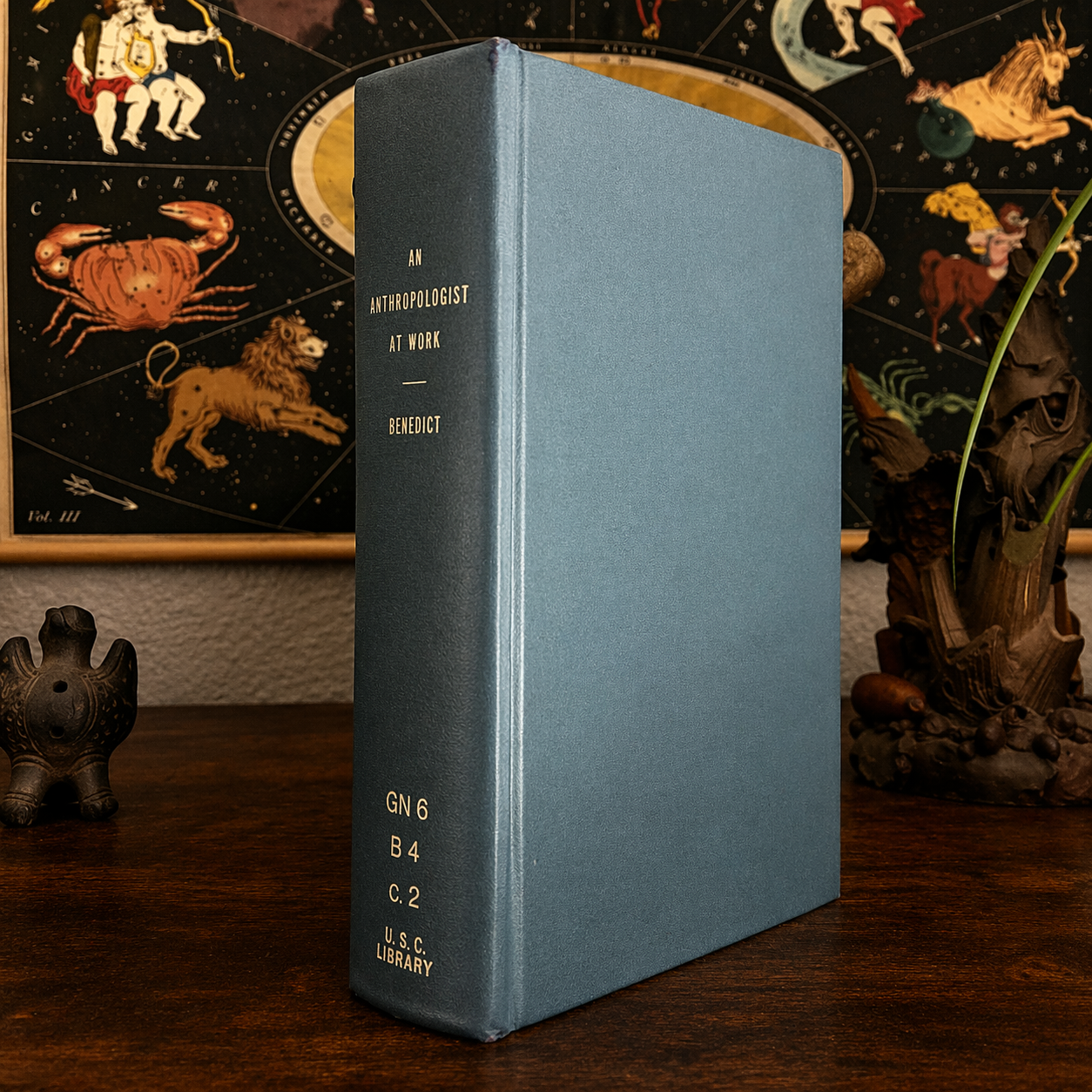 A hardcover book titled "An Anthropologist at Work - Benedict" stands upright on a wooden surface with a decorated zodiac poster in the background and a small figurine resembling a bear or a mythic creature on the left. A plant with curled leaves is 