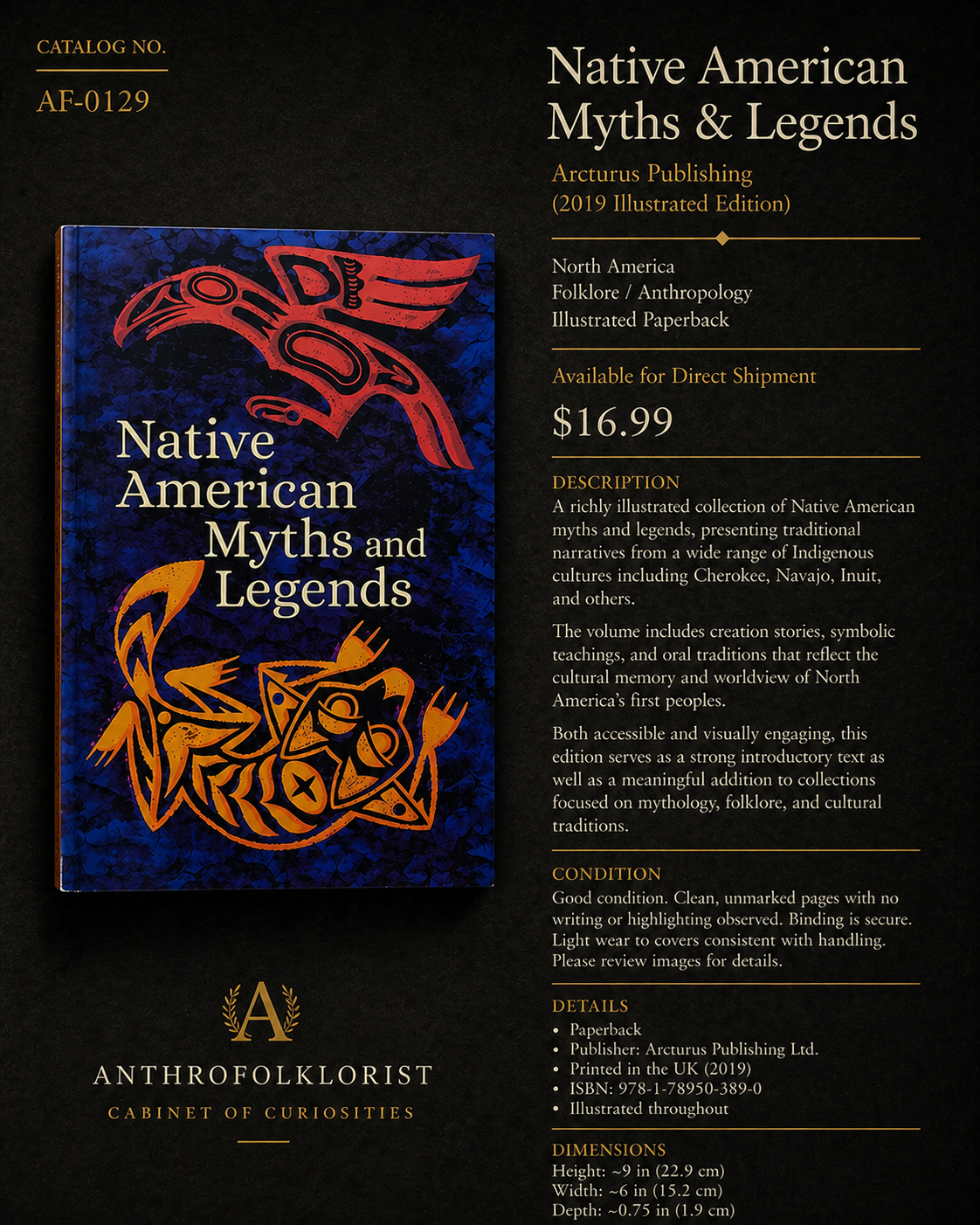 Book titled "Native American Myths and Legends" with colorful cover art, displayed on a black background with description and purchase details.