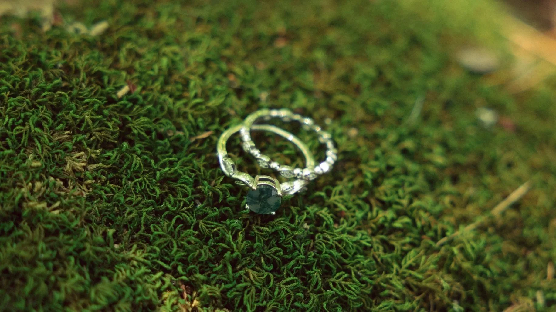 Silver rings with gemstones on green moss