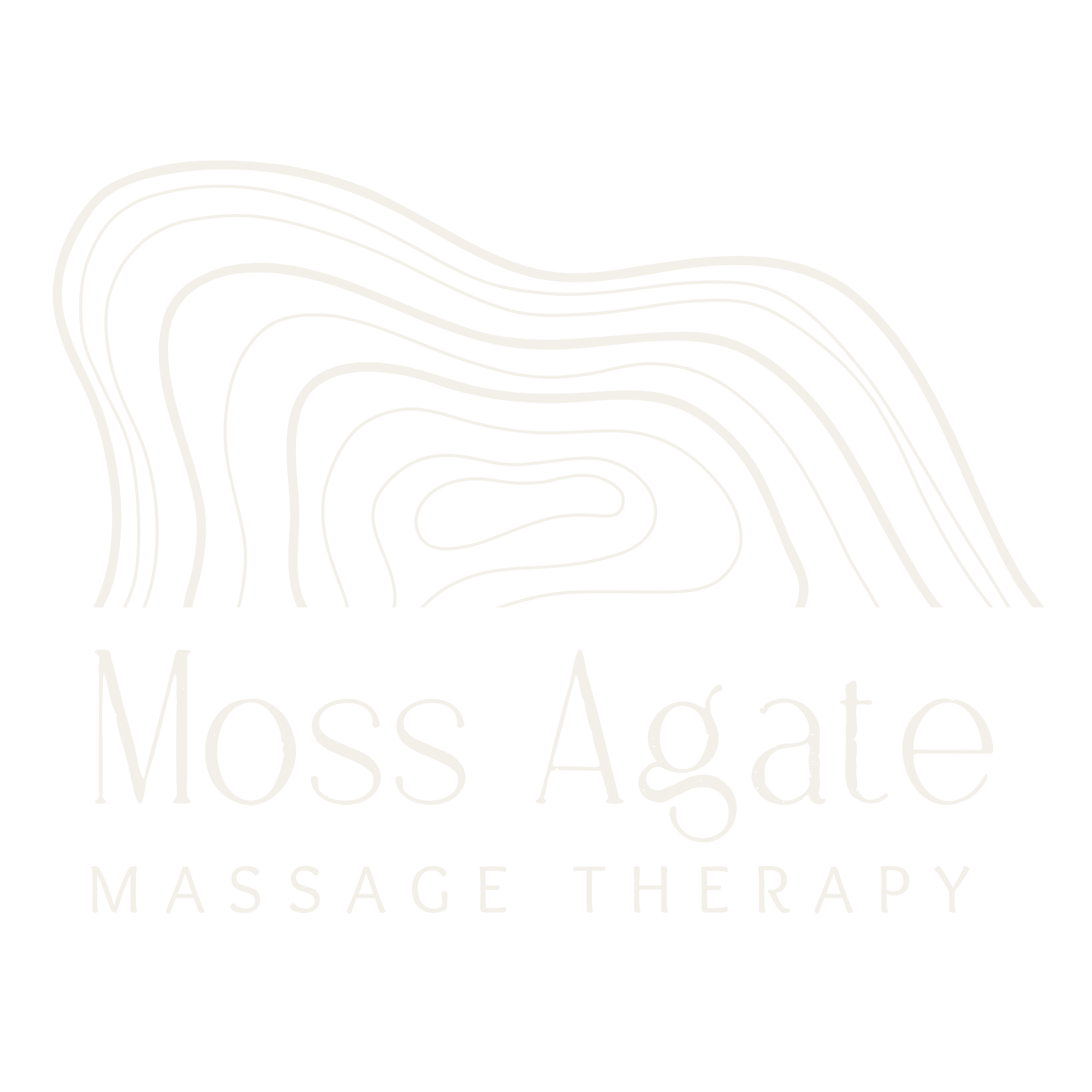 Logo for Moss Agate Massage Therapy featuring a stylized moss agate gemstone in white lines on a black background with the business name beneath.