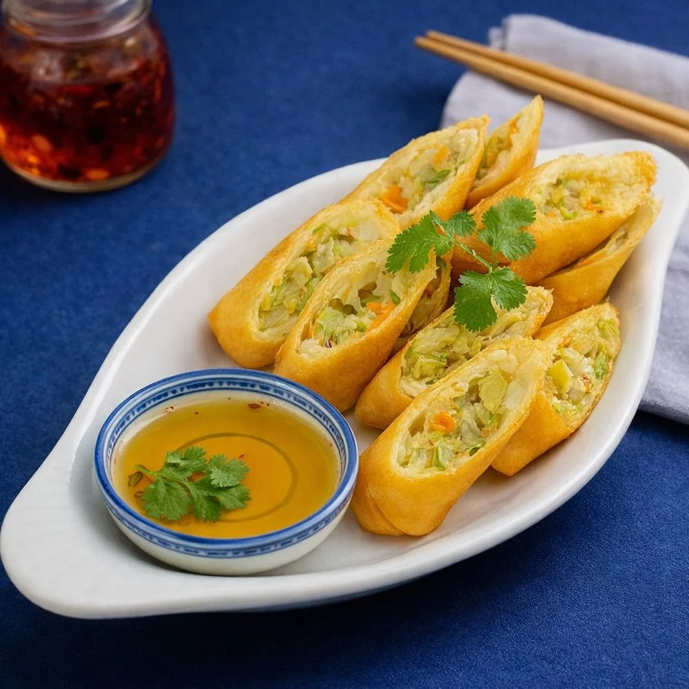 Spring rolls on a white platter garnished with cilantro, accompanied by a small bowl of dipping sauce with cilantro, placed on a dark blue table with chopsticks and a jar of sauce in the background.