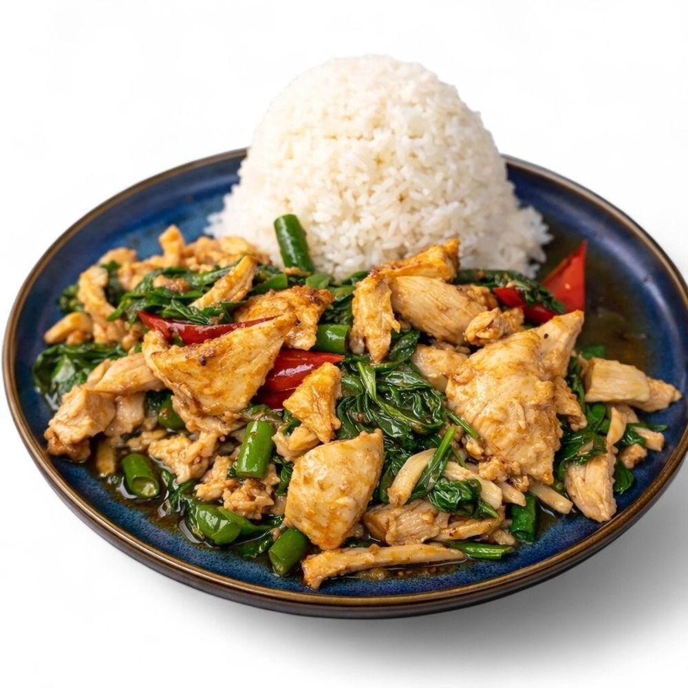 Stir-fried chicken with vegetables served with white rice