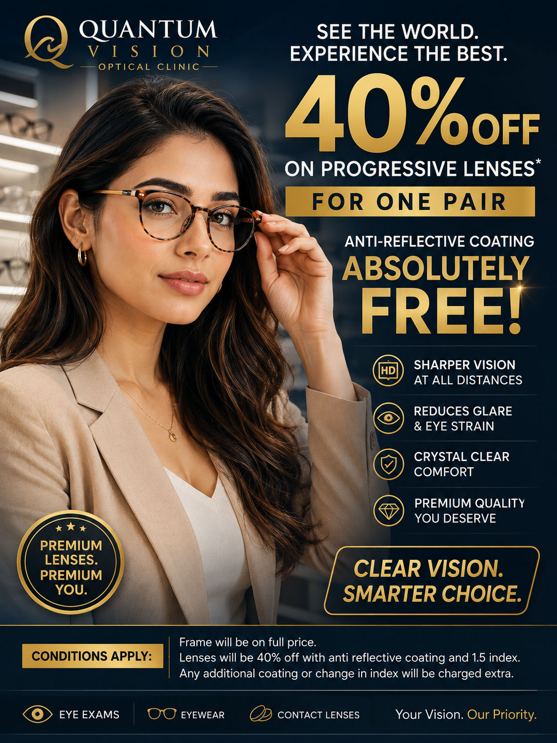 QUANTUM VISION – PROGRESSIVE LENS SPECIAL

SEE THE WORLD. EXPERIENCE THE BEST.

Upgrade your vision with premium progressive lenses designed for clear, comfortable vision at every distance.

GET 40% OFF PROGRESSIVE LENSES
ON ONE PAIR

PLUS ANTI-REFLE