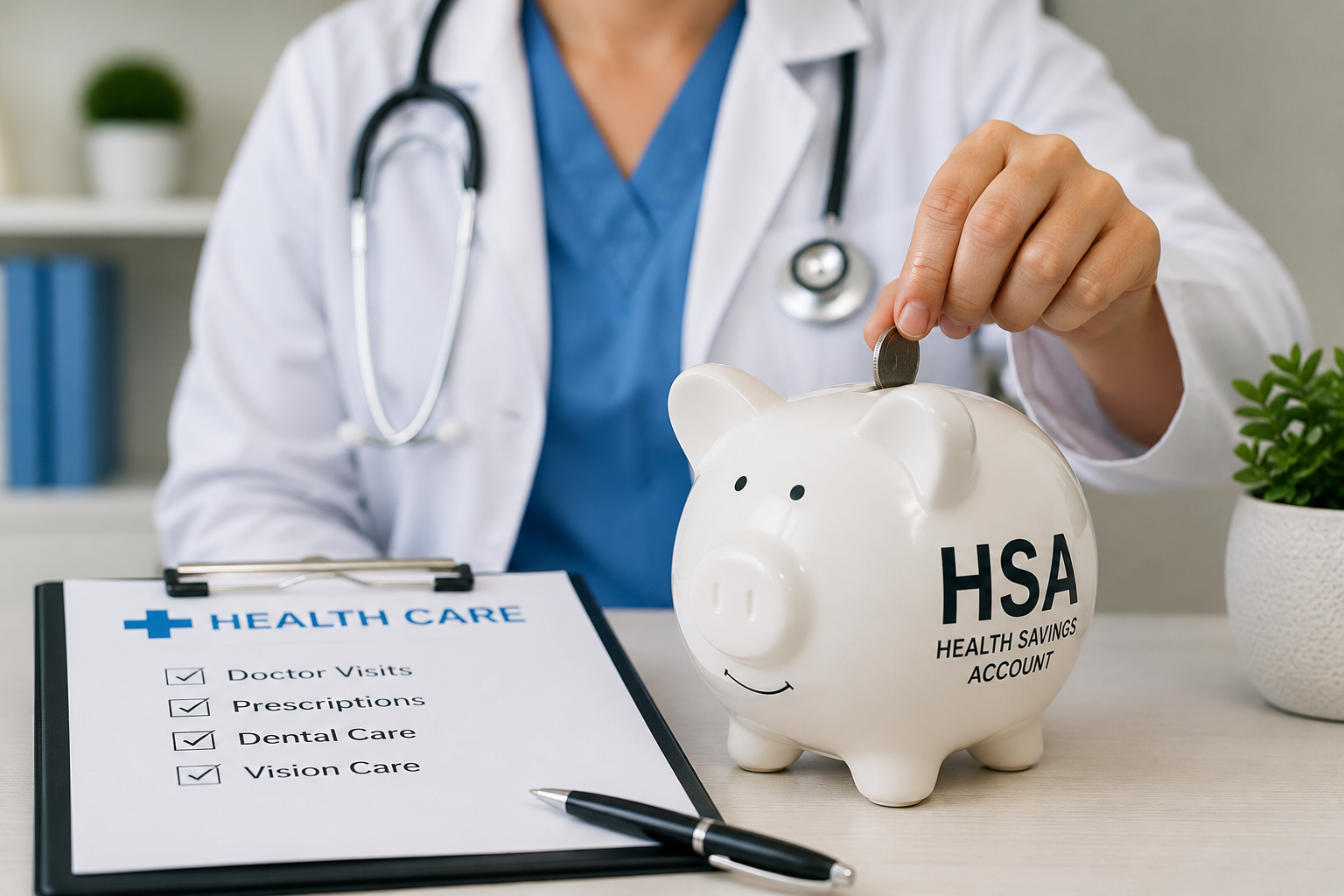 Doctor putting money in piggy bank representing saving in a Health Savings Account
