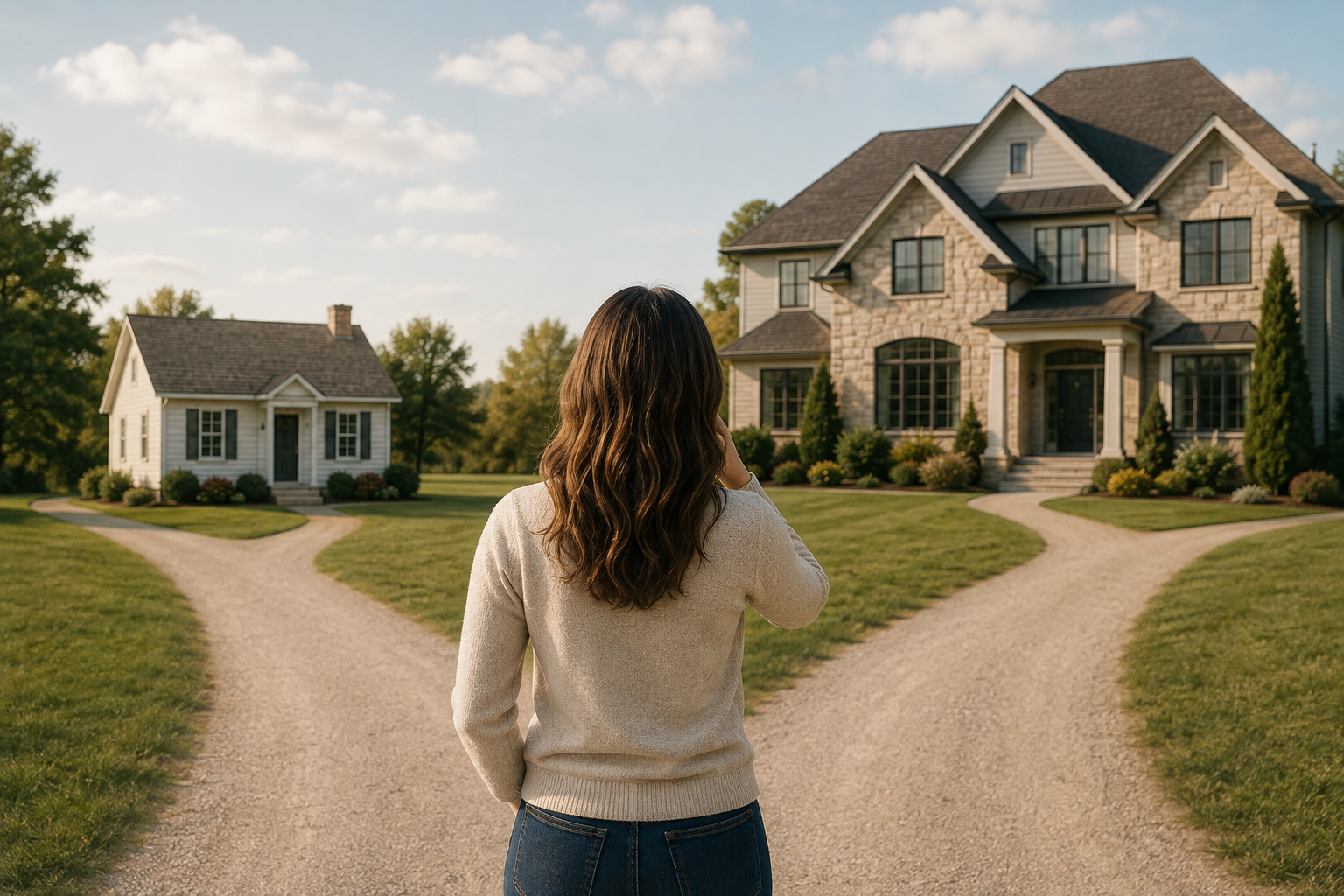 Woman staring at two houses deciding How Much House Can You Really Afford