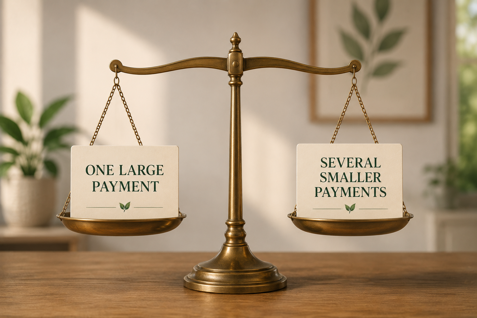 Balanced scale showing one large payment is equal to several smaller payments