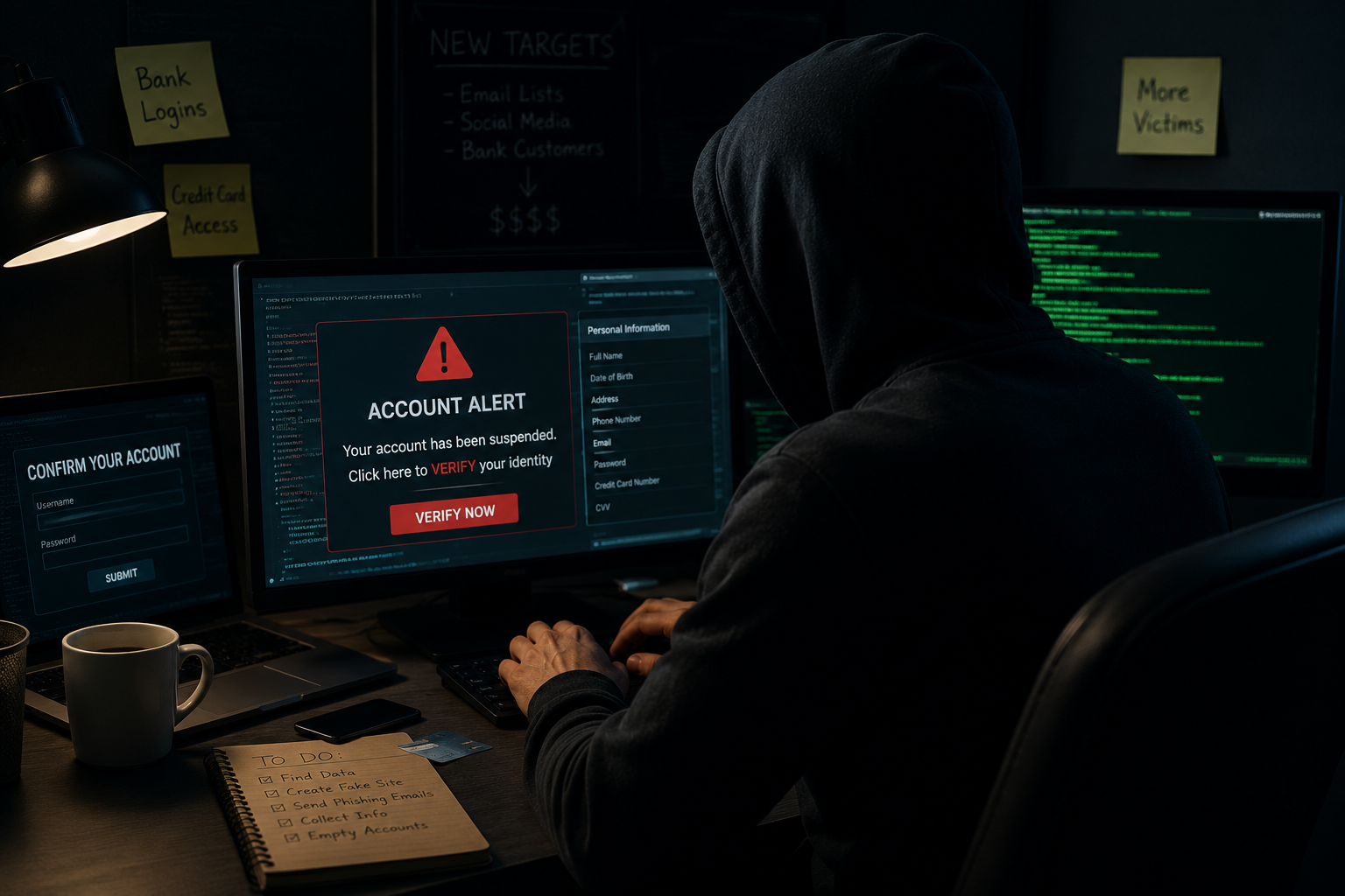 Computer scammer depicting financial fraud
