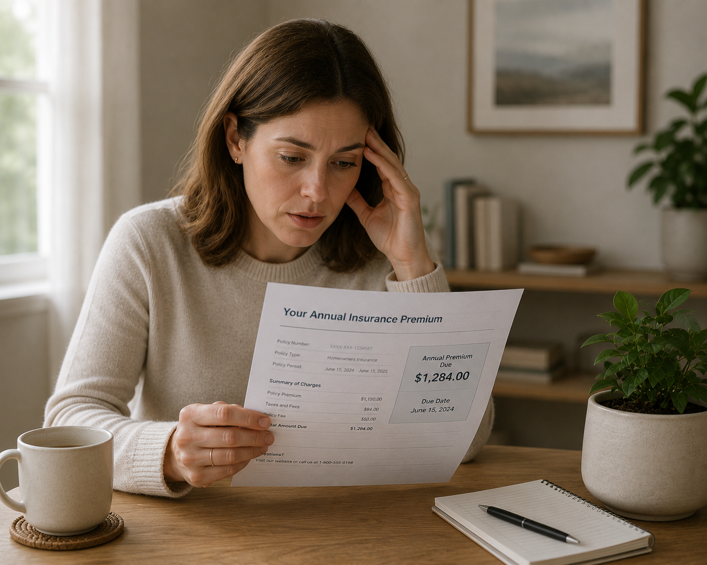 Woman reviewing annual insurance premium bill supporting managing irregular expenses