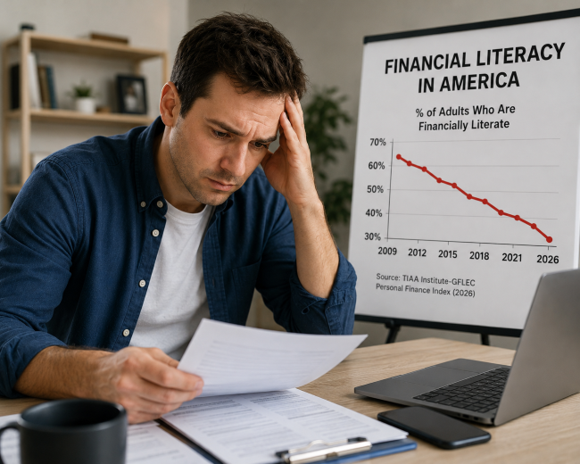 Concerned and confused looking man representing financial literacy declining