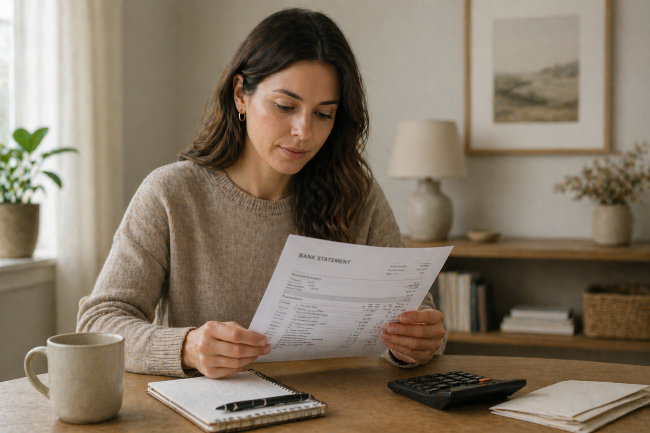 Woman seated at table reviewing bank statement with coffee representing carrying debt into retirement