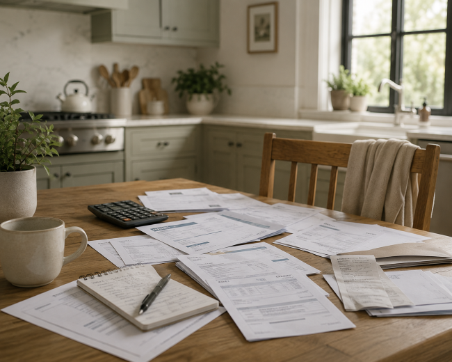 Kitchen table with bills scattered on it depicting approaches to paying off debt