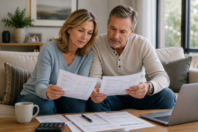 Middle aged couple sitting on couch reviewing statements depicing why RMDs matter in retirement planning