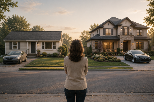 Woman staring at a modest home and car across the street and next door a luxury home and car depicting lifestyle creep and its effects on long term financial goals