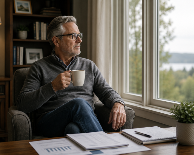 Middle aged man seated at desk and drinking coffee while looking out window shows retirees considering roth conversions