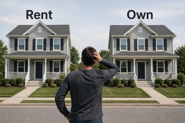 man looking at two identical homes. one says rent and the other own depicting rent vs buy a home