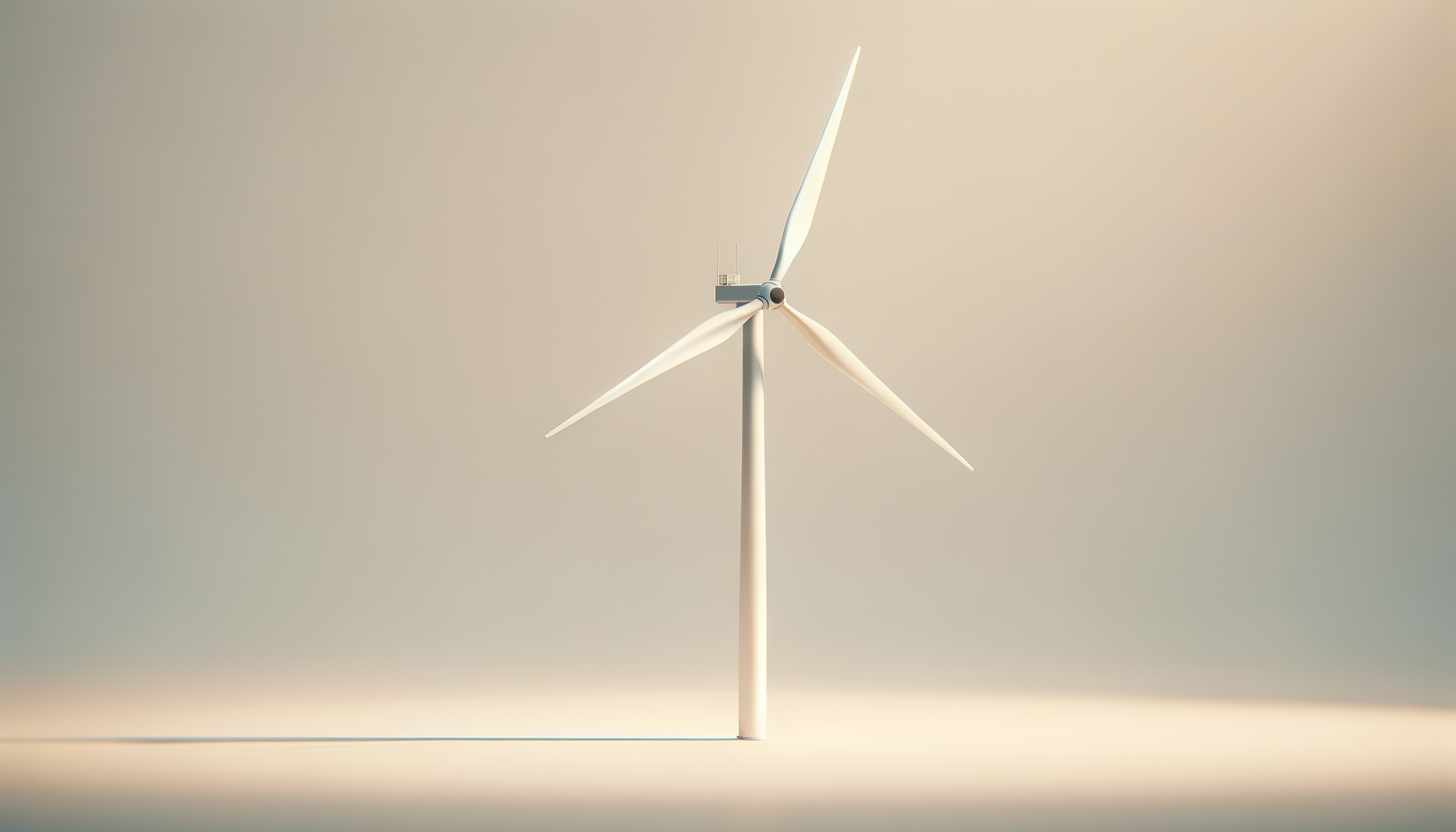A white wind turbine standing against a gradient sky.