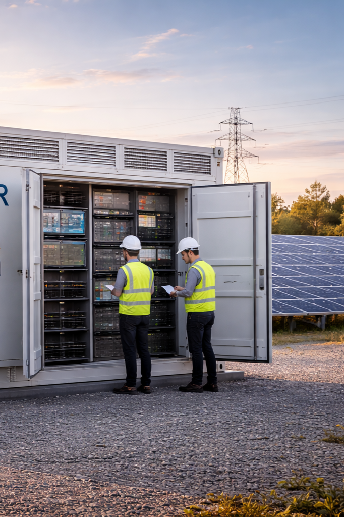 Two workers in safety vests and hard hats inspecting electrical equipment inside an outdoor electrical container, with solar panels and power lines in the background at sunset.