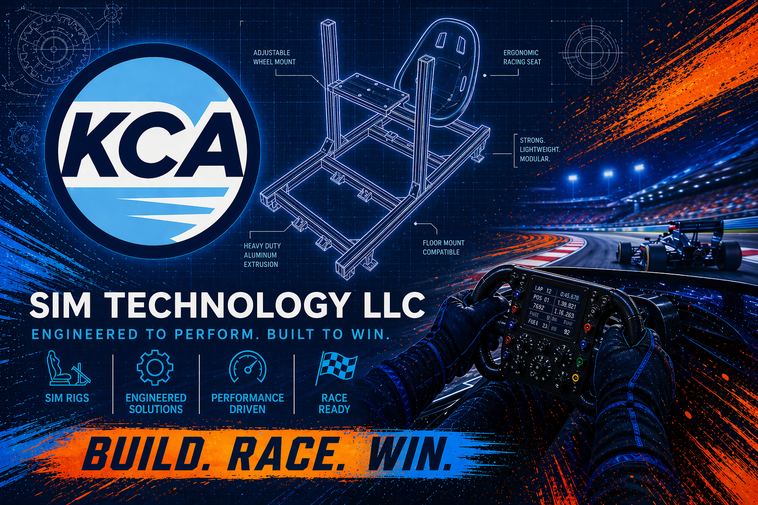 Graphic design for KCA SIM Technology LLC featuring a blueprint of a racing seat, a racing car cockpit with steering wheel, and a race track background. Includes logos, slogans, and icons highlighting features like sim rigs, engineered solutions, performance driven, and race ready.