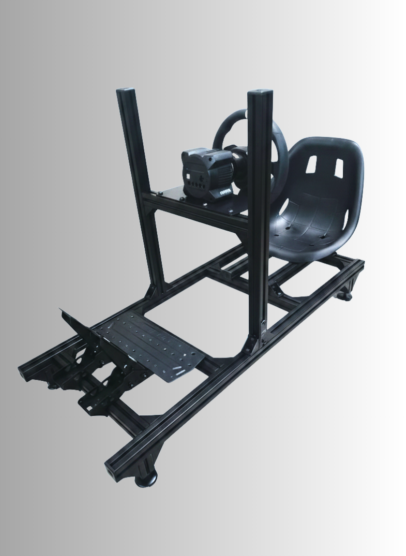 A black motion simulator rig with a seat, steering wheel, and a platform for pedals, used for gaming or motion testing.