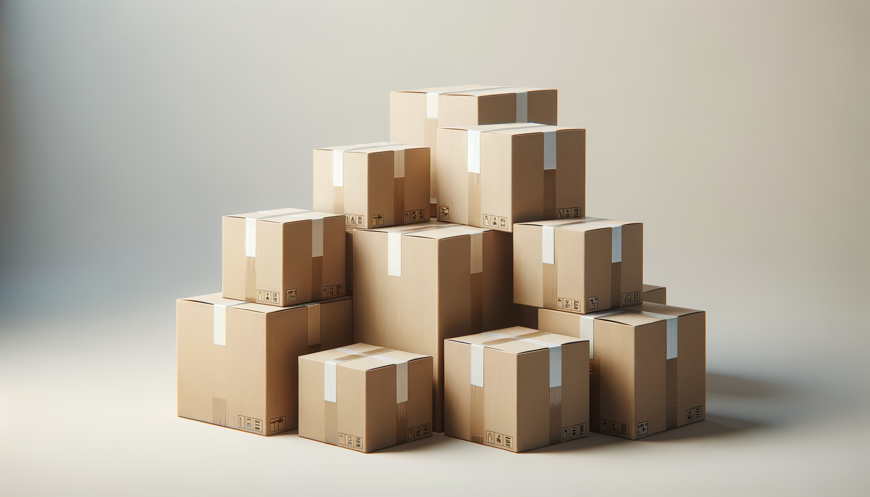 Stacked cardboard boxes arranged in a pyramid shape against a neutral background.