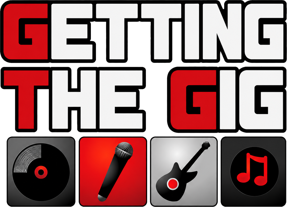 Graphic with large bold text reading 'Getting the Gig' and icons of a record, microphone, guitar, and musical note