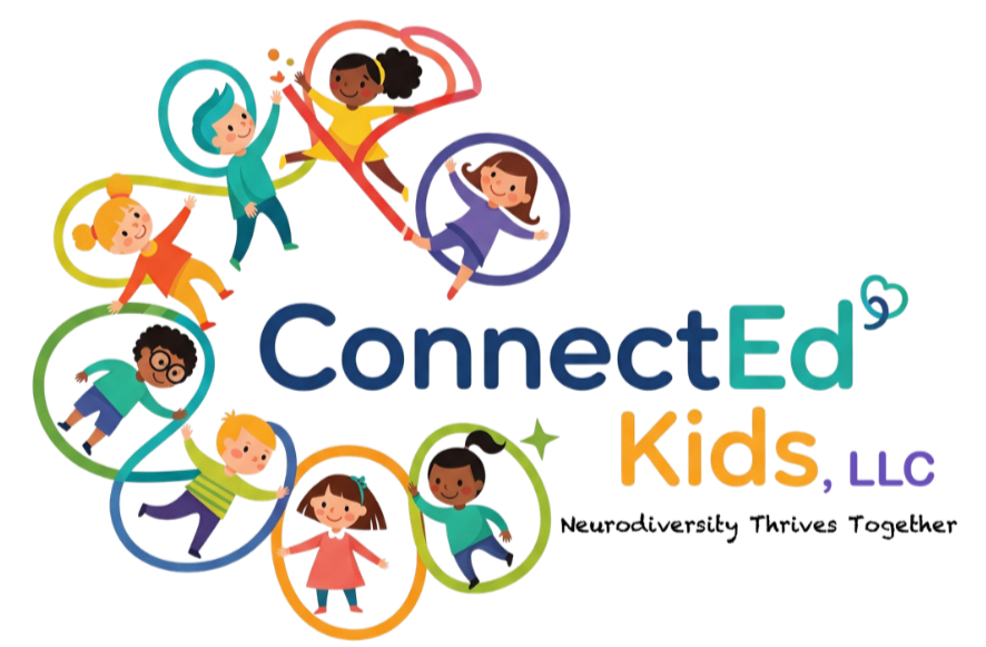 Colorful logo with children around the text 'ConnectEd Kids LLC.' The children are in various playful poses, each inside a colorful outline of a circle.