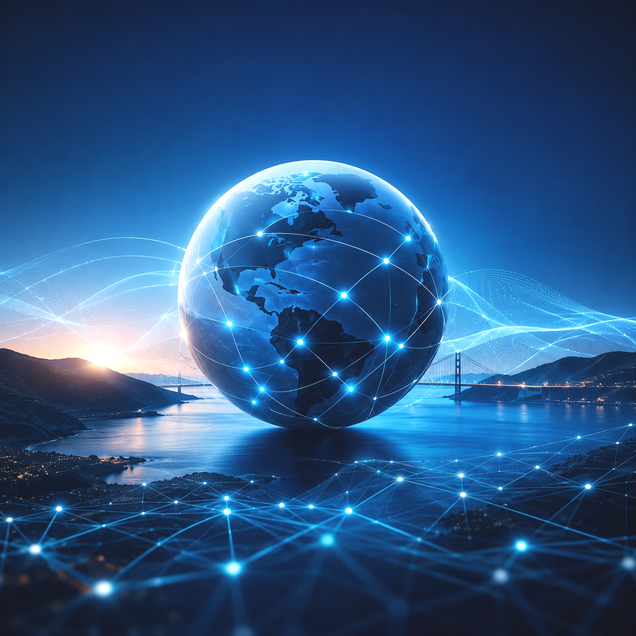 A digital illustration of a glowing globe with North and South America visible, surrounded by interconnected lines and points representing global connectivity, with a cityscape, a bridge, and mountains in the background, and a nighttime sky.