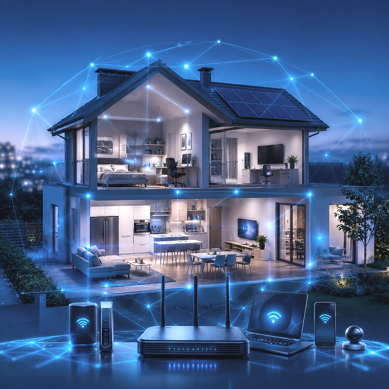 A modern two-story house illuminated at night with interconnected smart home devices and a Wi-Fi router in the foreground.