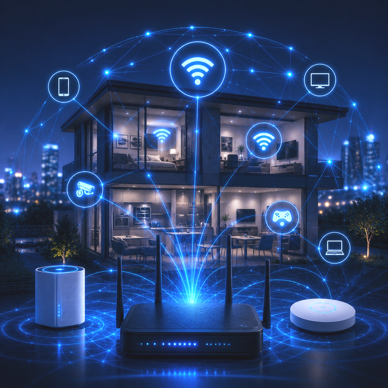 Night view of a modern house with multiple rooms visible through large glass windows, overlaid with digital icons and lines representing a smart home connected to Wi-Fi and various devices, including a router, smart speaker, security camera, gaming console, desktop computer, and laptop.