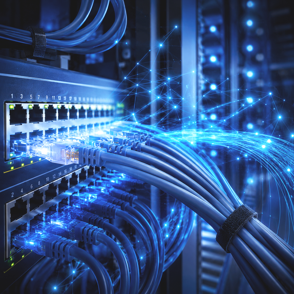 Close-up of a network server with Ethernet cables connected, glowing blue lights and digital network graphics overlayed.