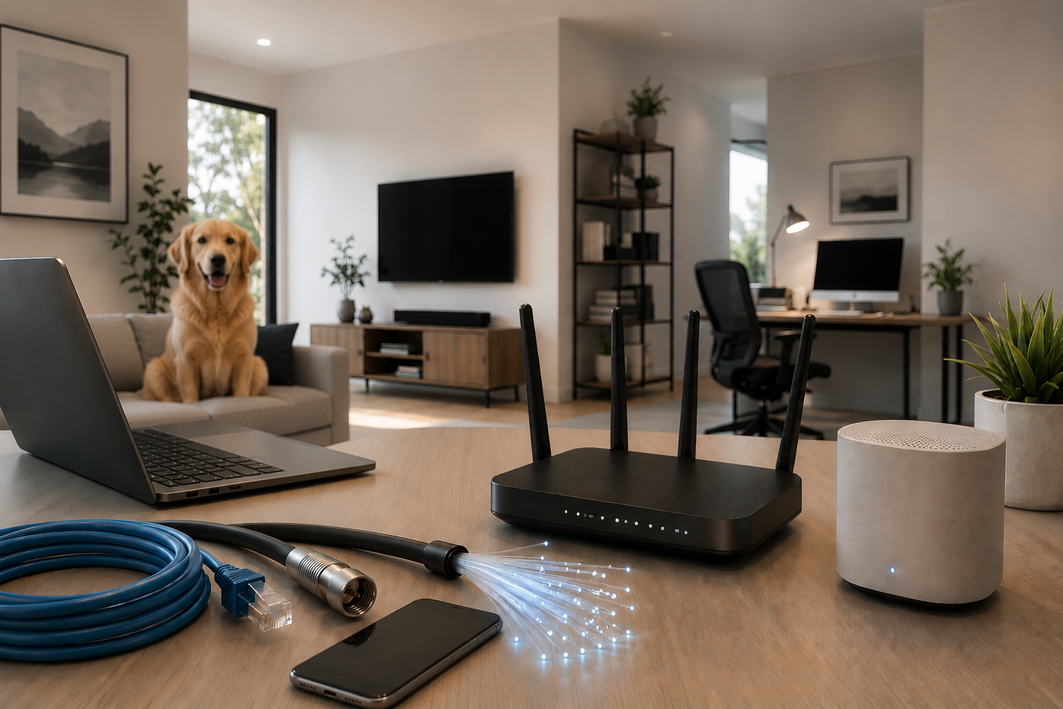 Home office with a laptop, a dog sitting on a sofa, a Wi-Fi router, a smartphone, and networking equipment on a table, with a living room and workspace in the background.