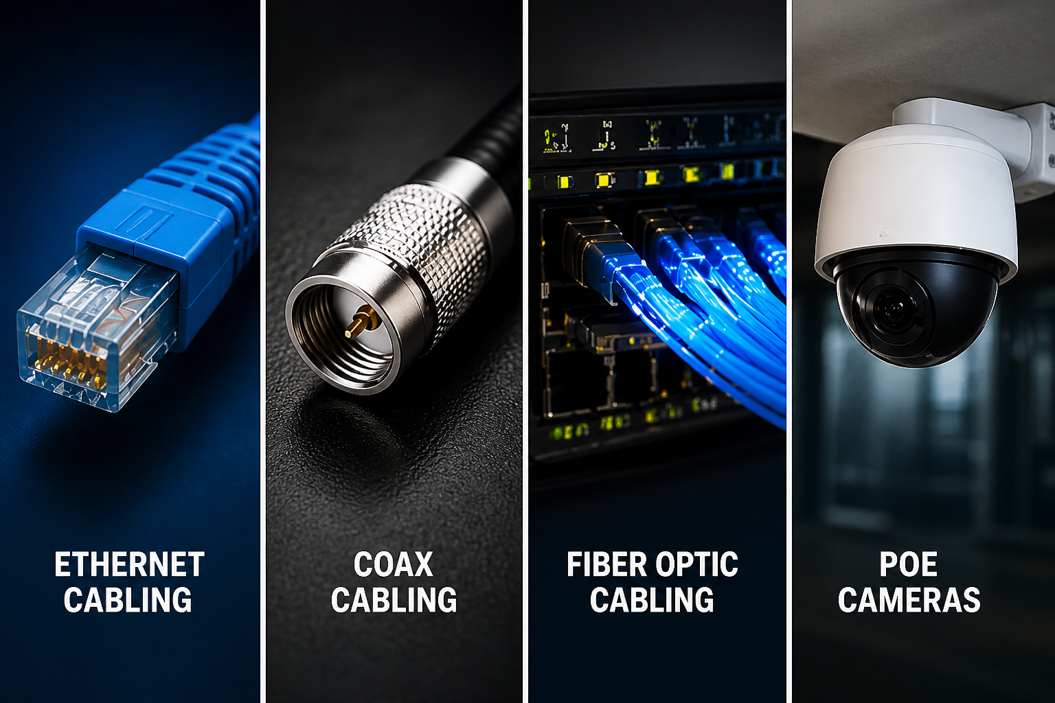 Image showing four types of networking cables and equipment: an Ethernet cable, a coaxial cable connector, fiber optic cables in a network switch, and a POE security camera.
