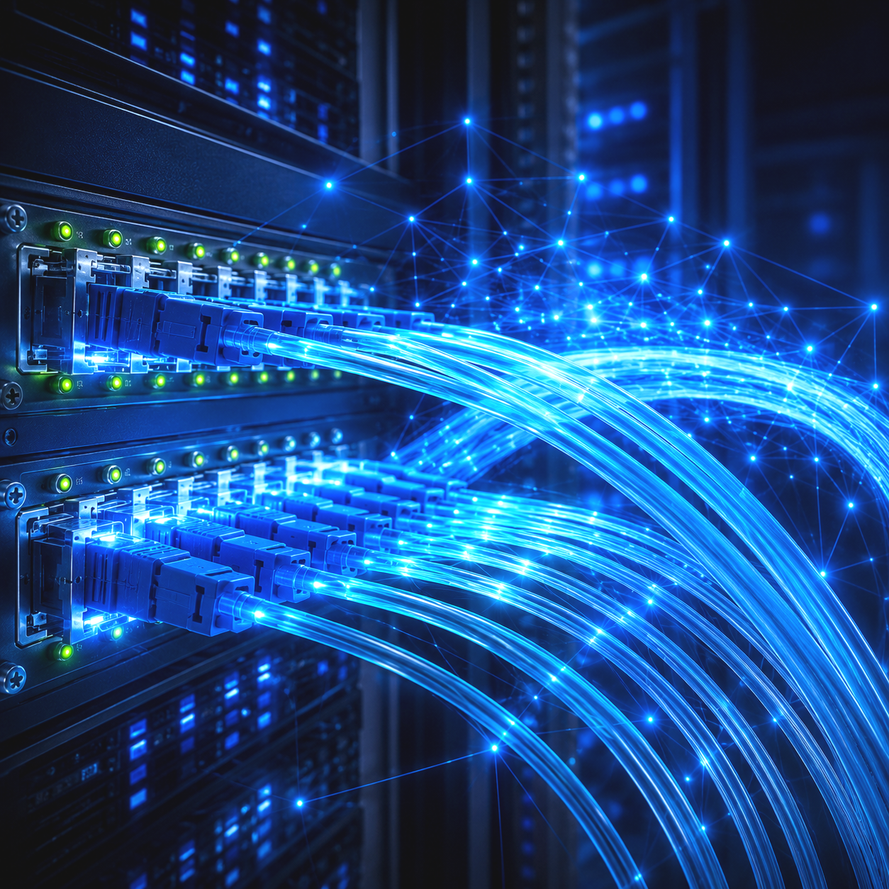 Close-up of a data server with illuminated network cables and glowing blue digital connections representing data transfer and networking.