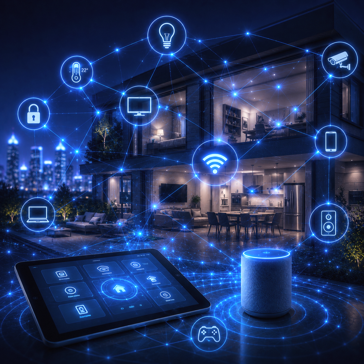 Smart home technology with interconnected devices including a tablet, smart speaker, light icons, temperature control, security camera, lock, lamp, TV, and smartphone over a modern house at night.