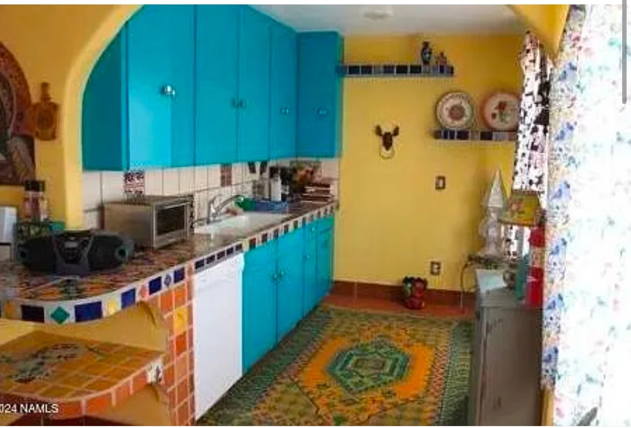 Mexican tile on counters, including the custom lizard in a future  art studio