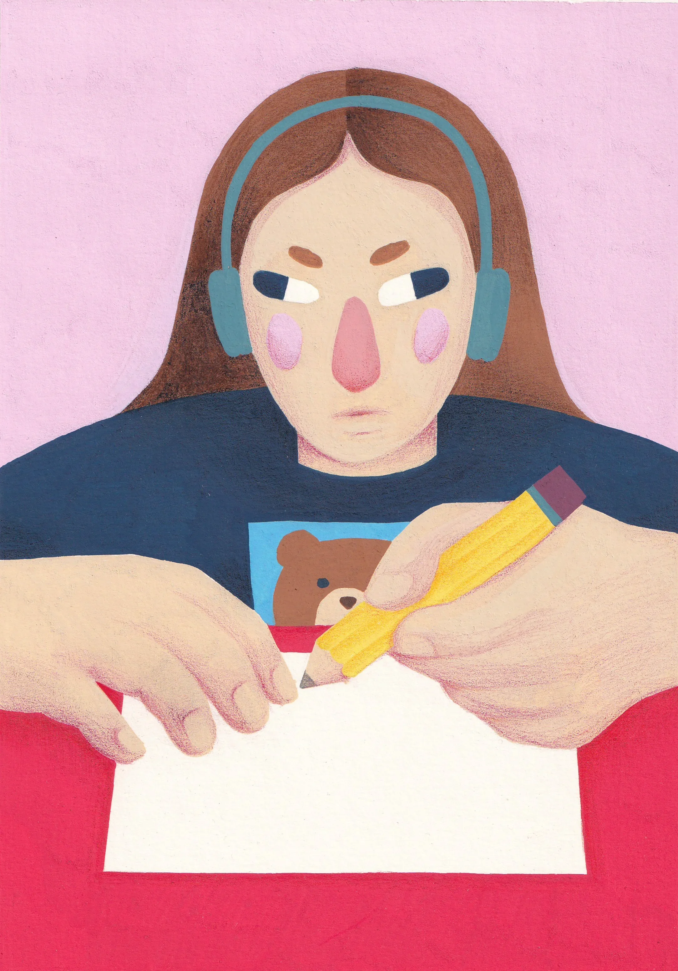 A stylized illustration of a woman with long brown hair, wearing headphones, and holding a yellow pencil pointing towards a paper. She has pink cheeks and an intense expression. The background is pink, and part of her clothing includes a bear graphic on her shirt.