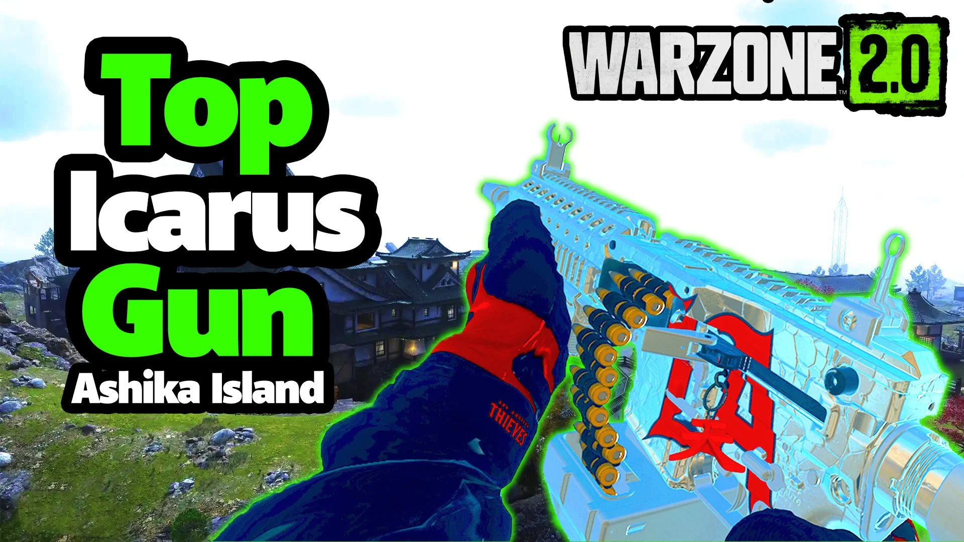 In-game first-person perspective of a player aiming a futuristic blue and gold gun in Warzone 2.0, with overlaid text indicating a top Icarus gun guide on Ashika Island.