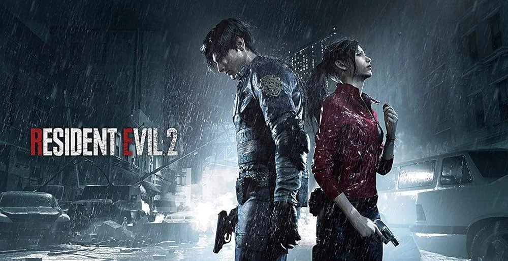 Dark, rainy street scene from Resident Evil 2 game cover featuring a male and female character back-to-back holding guns.