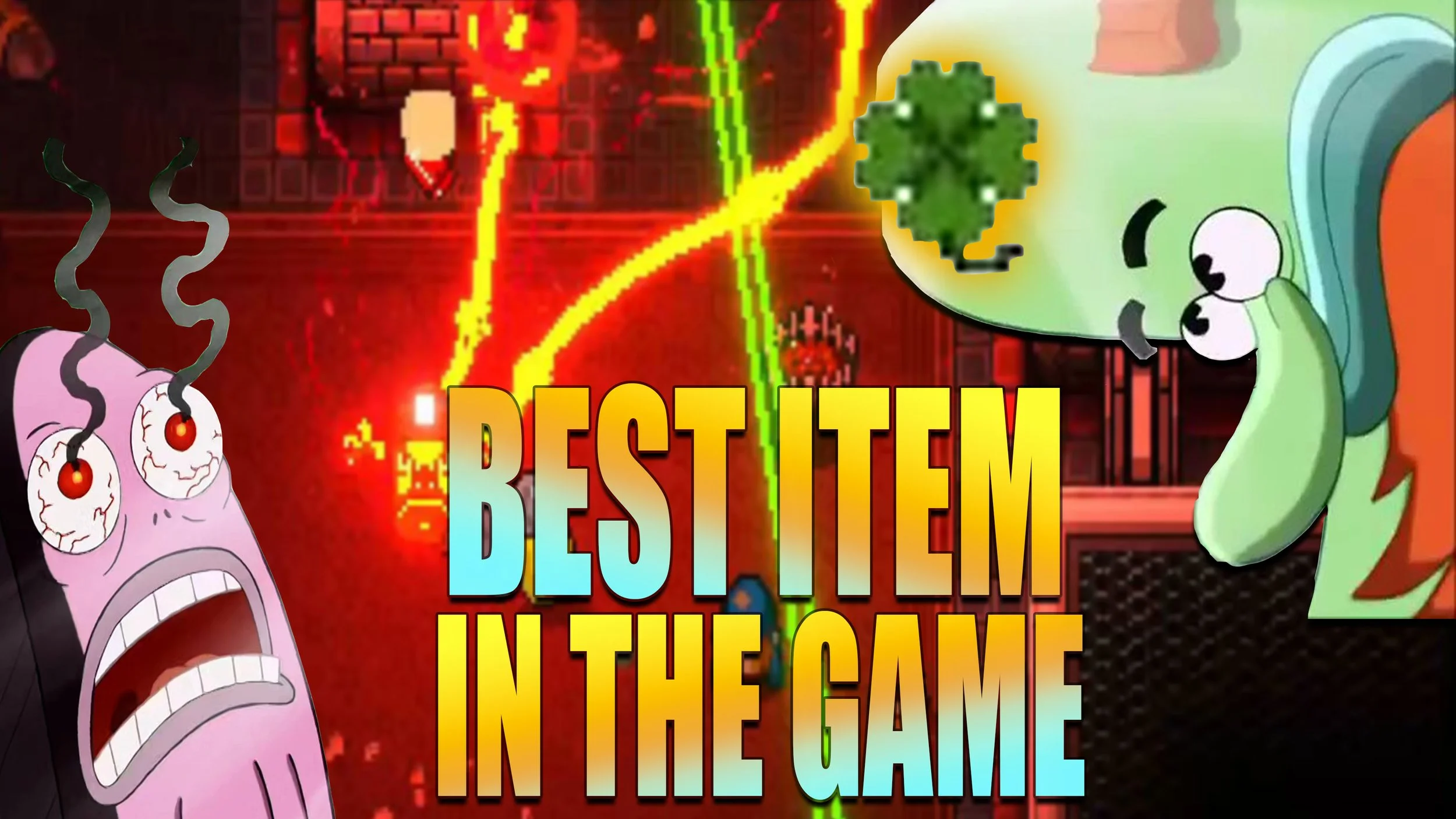 A colorful collage featuring characters from video games and cartoons with the text 'Best Item in the Game' in bold rainbow colors. On the left, a cartoon character with pink skin, bulging eyes, and curly antennae appears distressed. To the right, a green cartoon creature with a bulbous nose and big eyes is smiling. The background contains pixelated game graphics with bright red and yellow lights.