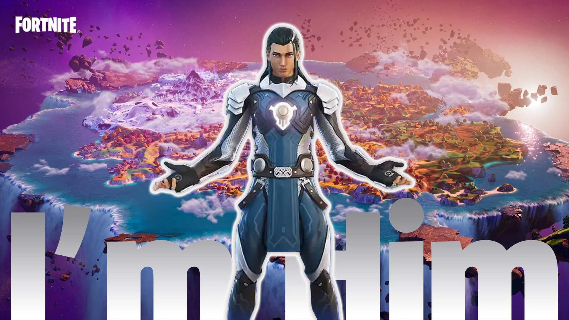Fortnite character standing with arms outstretched in front of a floating island landscape with waterfalls, mountains, clouds, and a sunset sky.