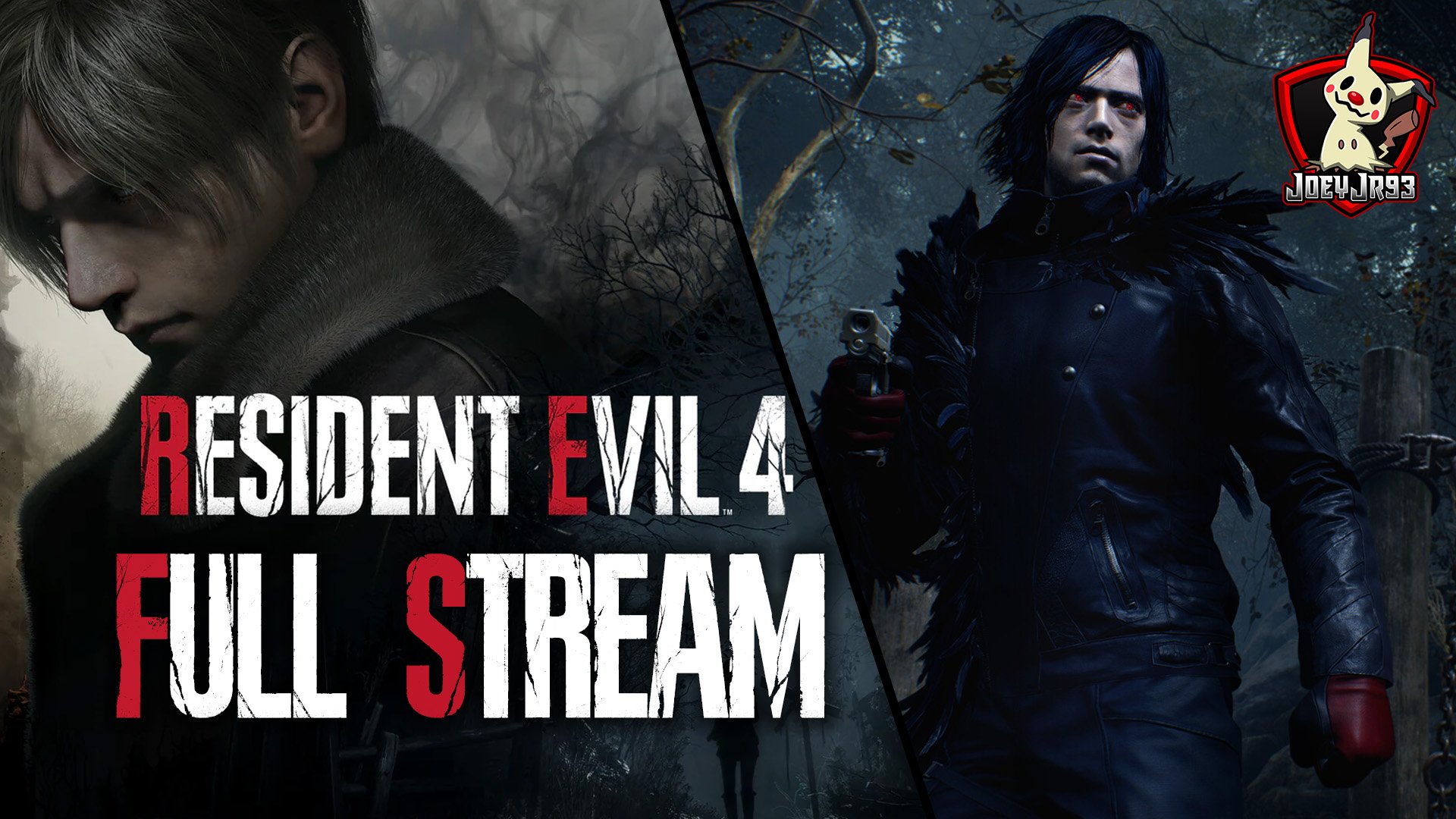 Promotional image for Resident Evil 4, featuring a male character with dark hair, dressed in a black leather jacket, holding a gun, set in a dark, eerie forest background with a silhouette of a person at the end of the path. Text overlaid reads 'Resident Evil 4 Full Stream'.