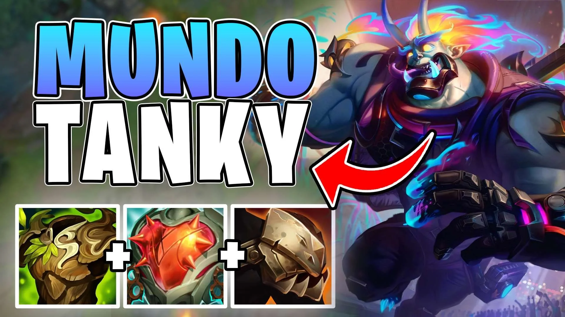 Video game thumbnail featuring a large, muscular creature with horns, glowing blue and purple accents, and a fiery mane. The text over the image says 'MUNDO TANKY' with an arrow pointing to the creature. There are smaller images of three different game items or characters in the bottom left corner.