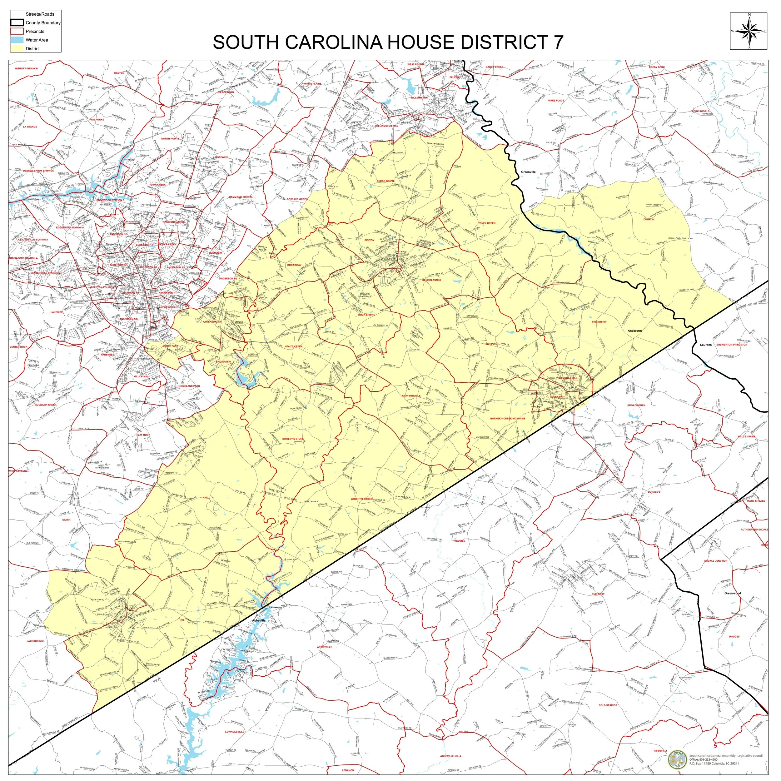 Map of South Carolina House District 7, showing streets, boundaries, precincts, water areas, and districts with a north arrow.