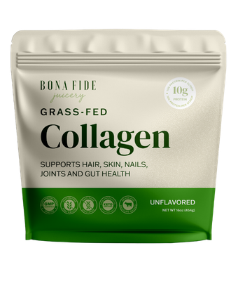 A white and green package of Bona Fide Juicery Grass-Fed Collagen powder.