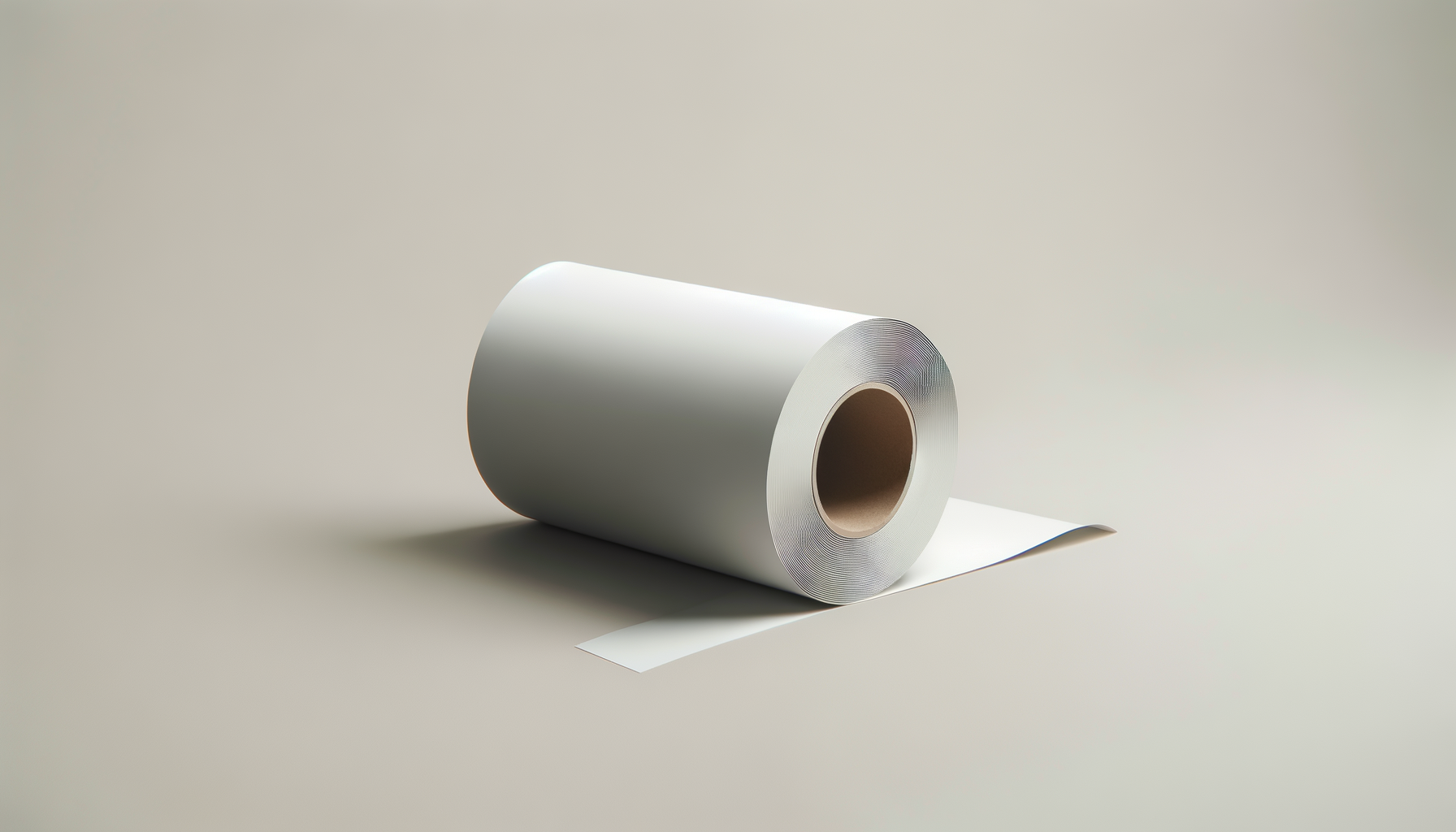 A roll of white adhesive or shipping tape on a light-colored surface, with a small section unrolled.