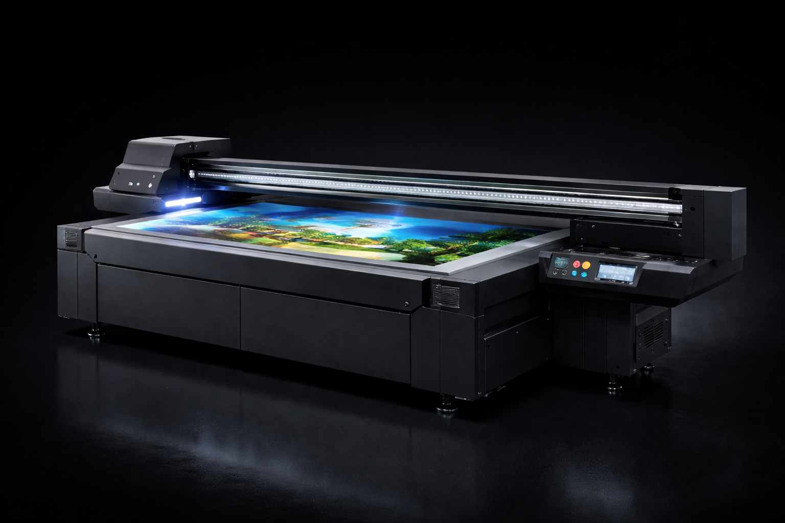 Large flatbed printer printing a colorful landscape image on a flat surface, with a black background.