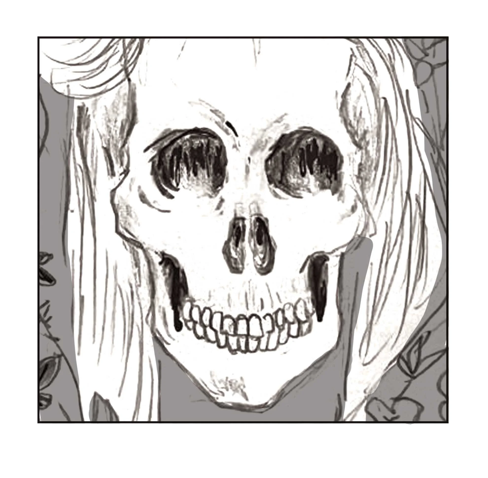 A black and white sketch of a human skull with long hair around it, and some abstract lines and shading.