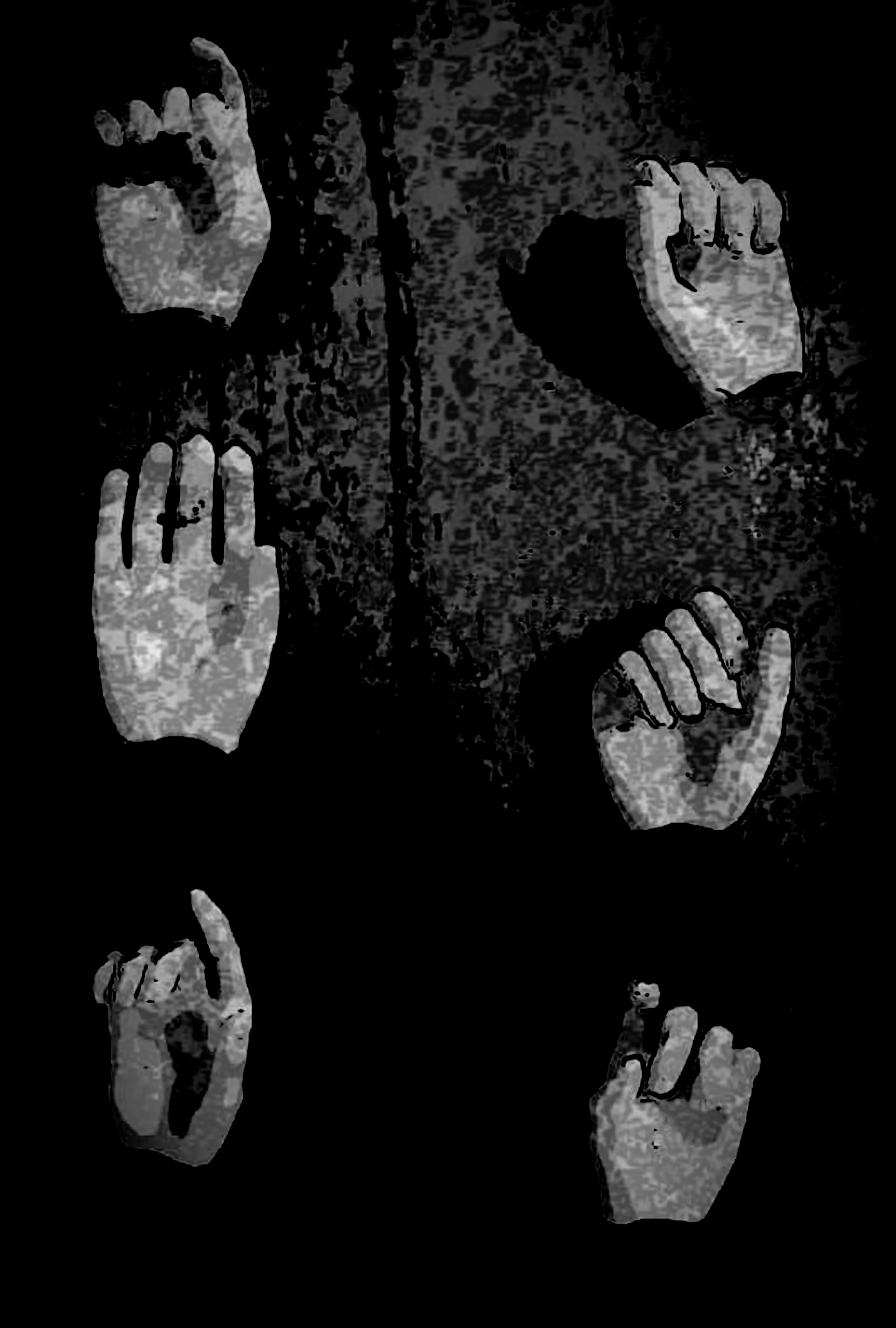 Black and white illustration of multiple raised hands with different gestures, some partially visible, set against a dark background.