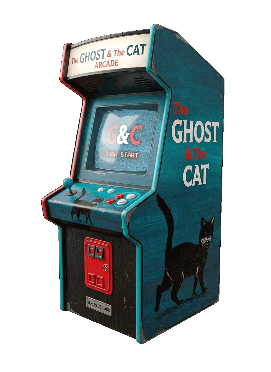 Miniature arcade game machine titled 'The Ghost & The Cat' with a black cat image on the side and a digital screen displaying 'G & C' and 'Push Start' against a black background.