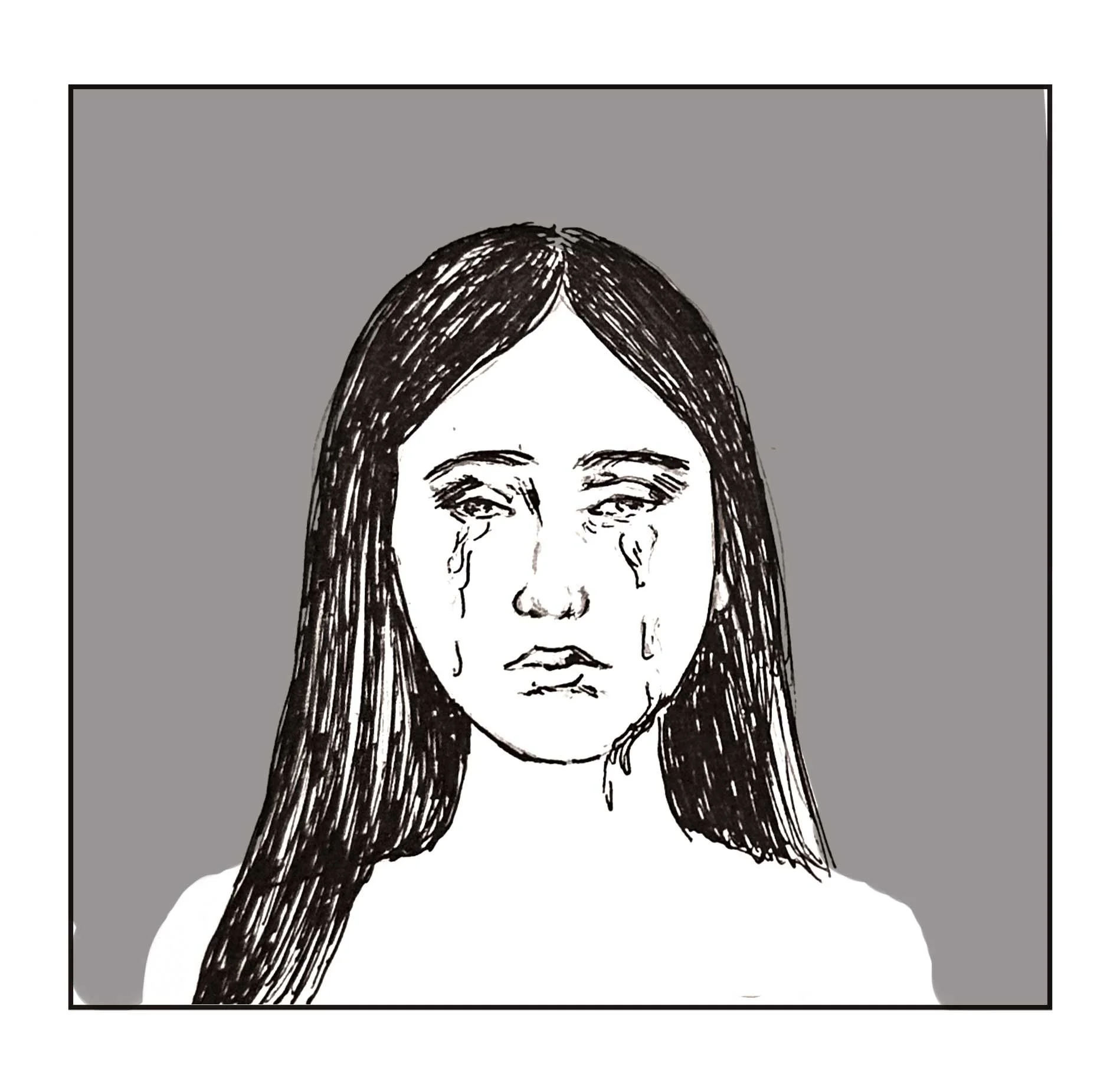 A black and white line drawing of a woman's face with long hair, with tears streaming down her cheeks, on a gray background.